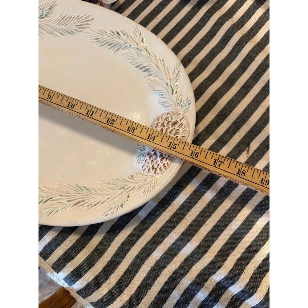 Large Oval Ceramic Serving Platter White Pinecone Pine Needle Embossed 18.5 Inch